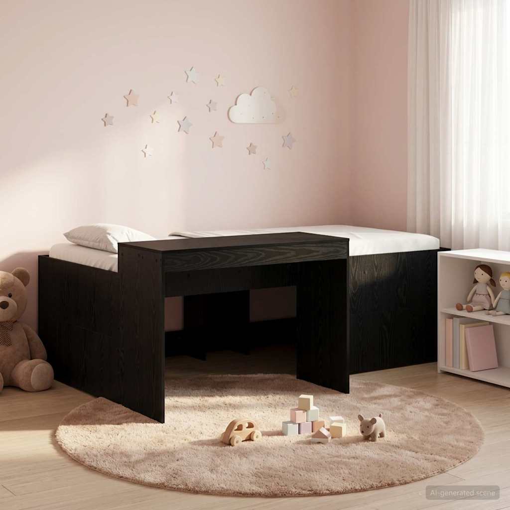 Kids'High Bed Frame with Desk Black Engineered Wood