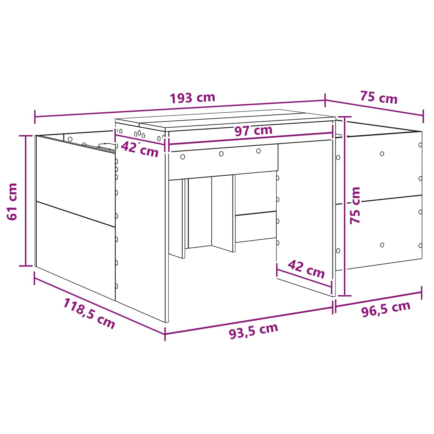 Kids'High Bed Frame with Desk Old wood 75 x 190 cm