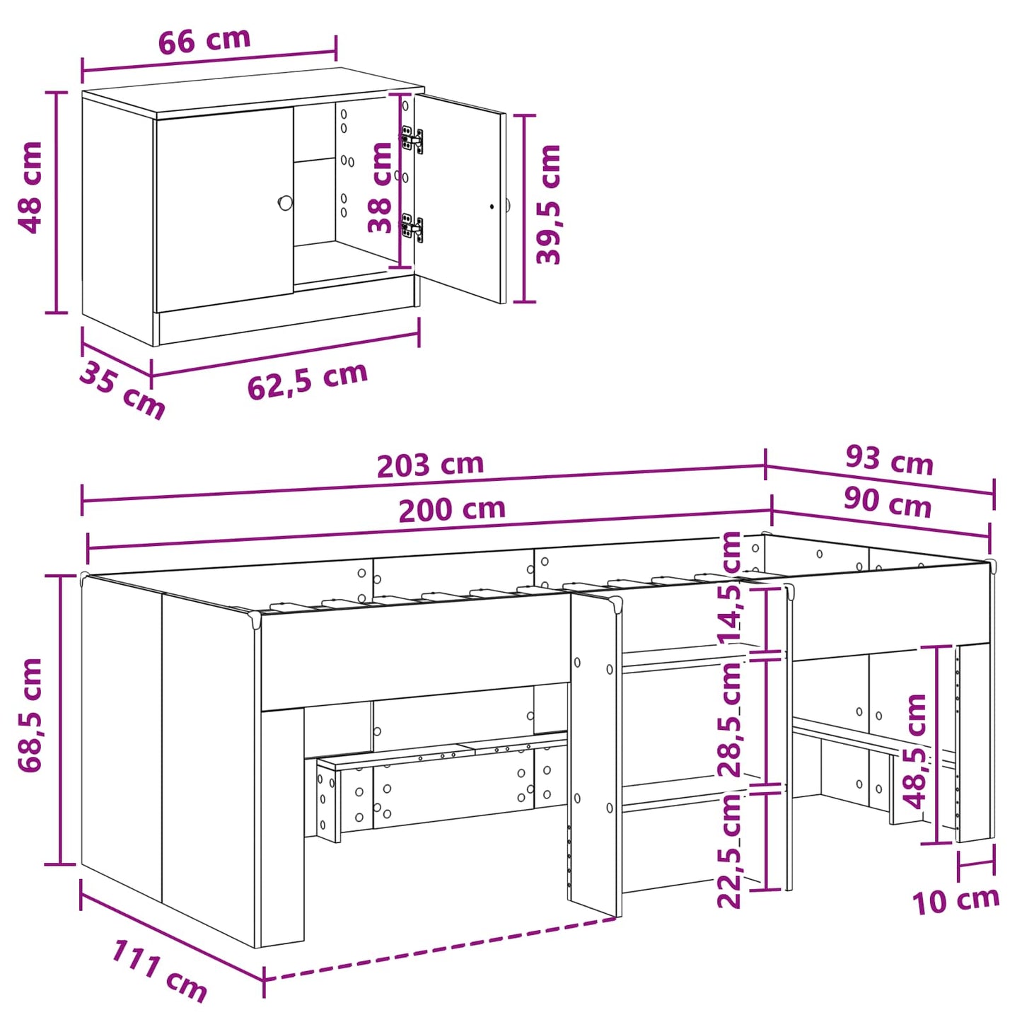 Loft Bed Frame with Cabinet 3 pcs White Engineered Wood