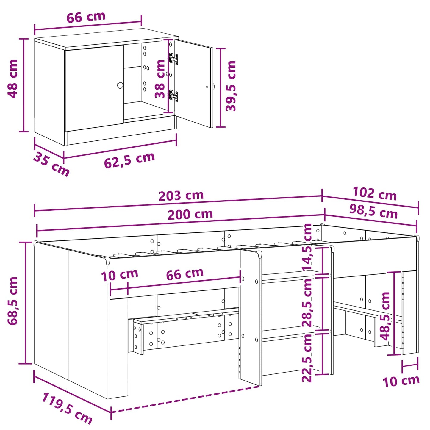 Loft Bed Frame with Cabinet 3 pcs White Engineered Wood