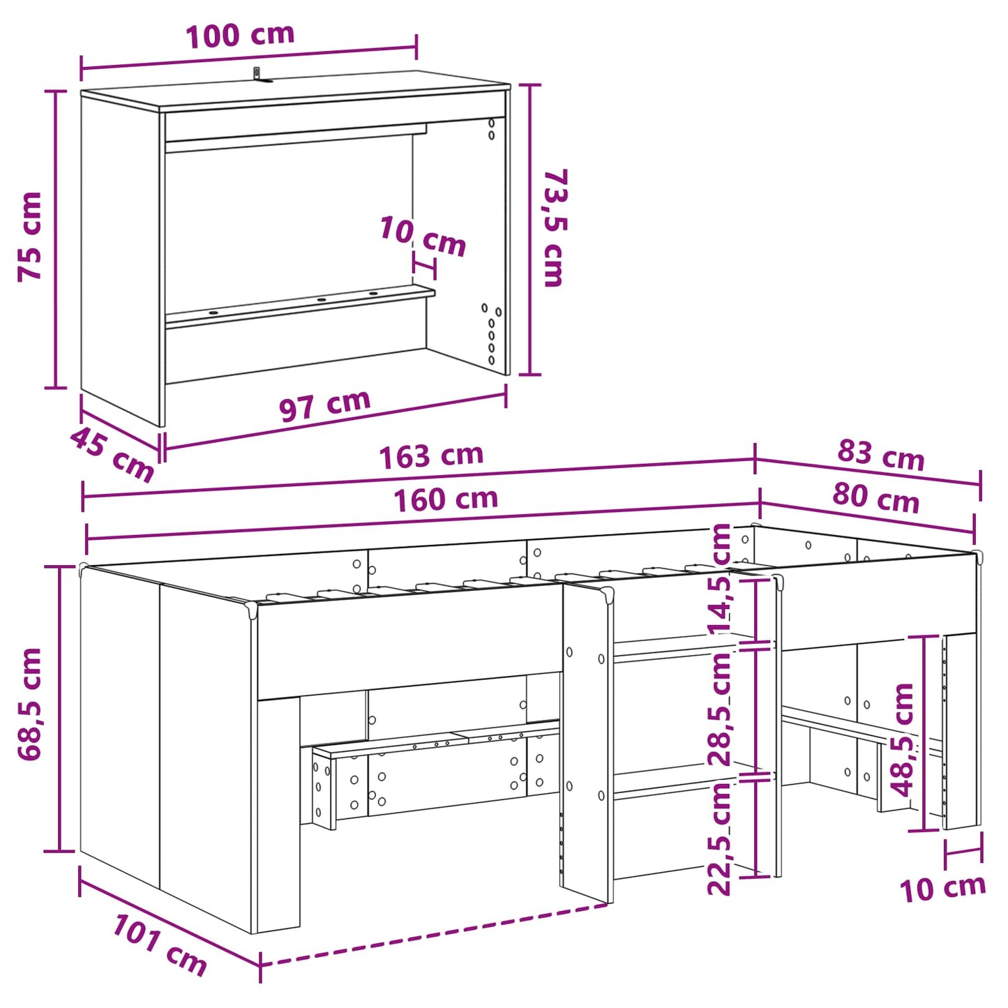 Kids'High Bed Frame with Desk White 80 x 160 cm