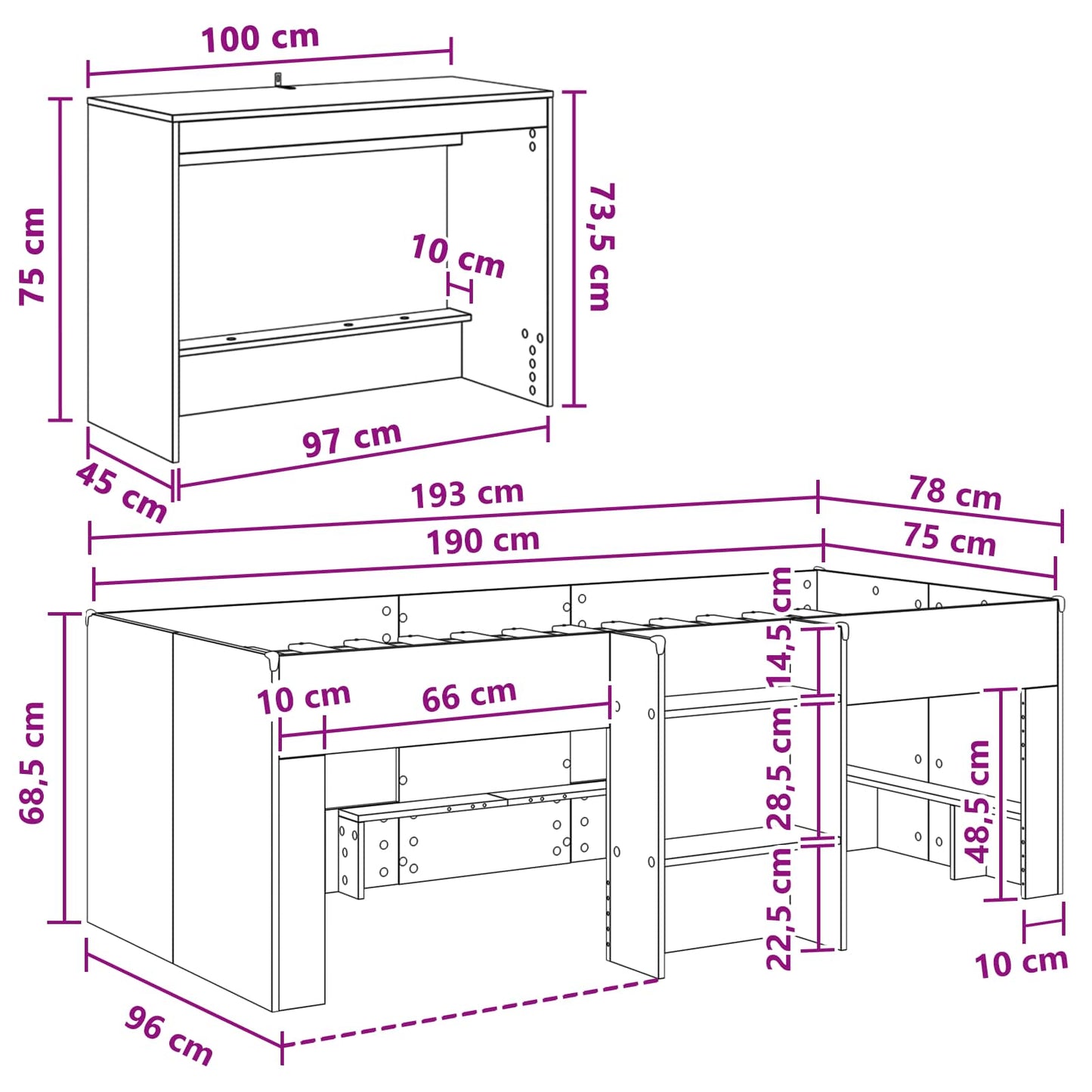 Kids'High Bed Frame with Desk White 75 x 190 cm