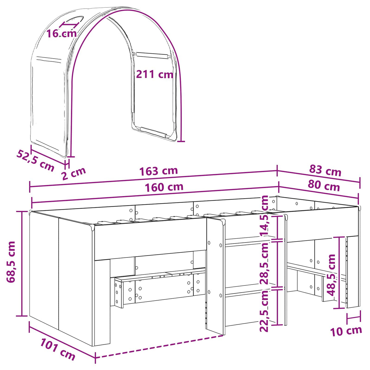 Bed with Tunnel 3 pcs White Engineered Wood