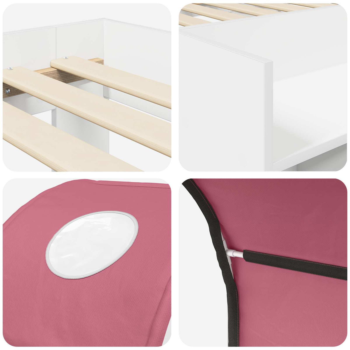 Bed with Tunnel with Shelf 3 pcs White and Pink Engineered Wood