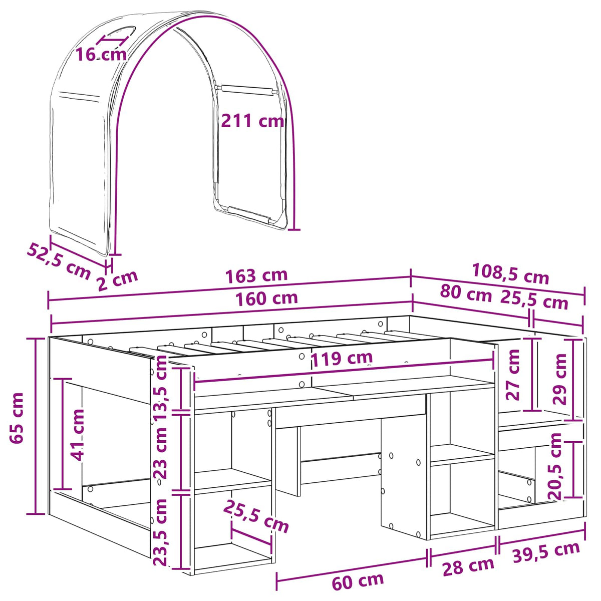 Bed with Tunnel with Shelf 3 pcs White and Red Engineered Wood