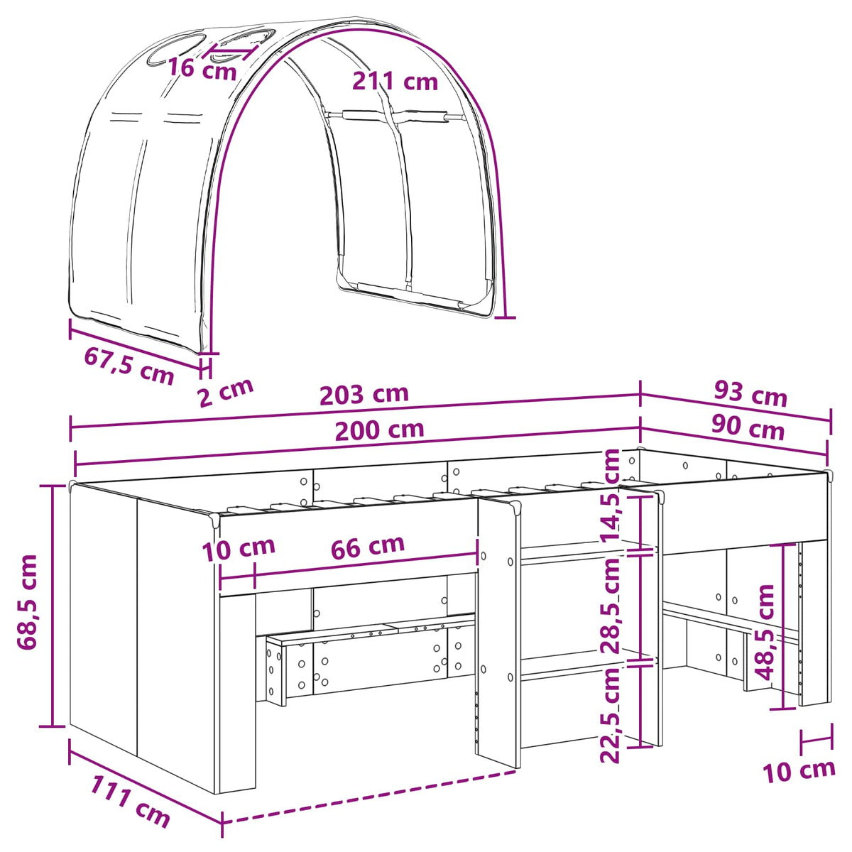 Kids'High Bed Frame with Tunnel 3 pcs White and Blue