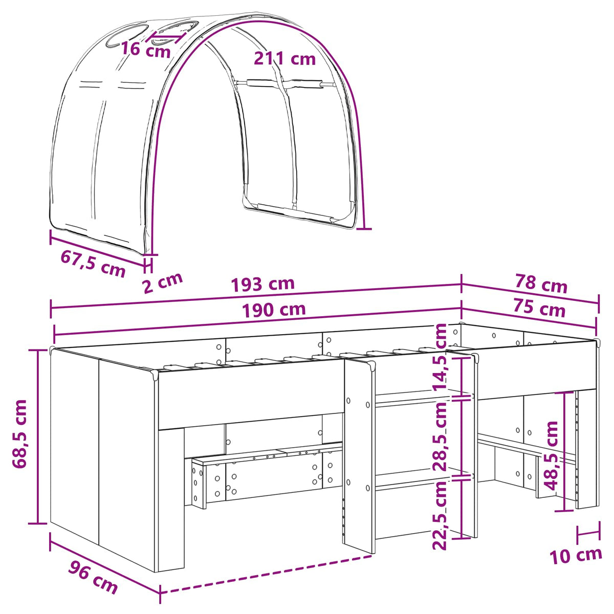 Bed with Tunnel 3 pcs Sonoma and Black Engineered Wood