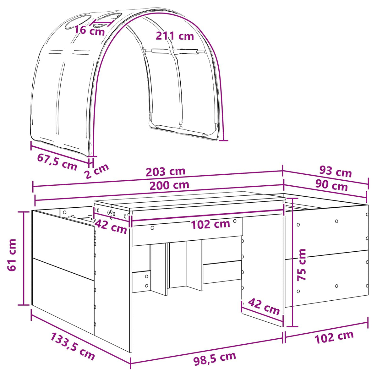 Bed with Tunnel 3 pcs Sonoma Oak and Black Engineered Wood