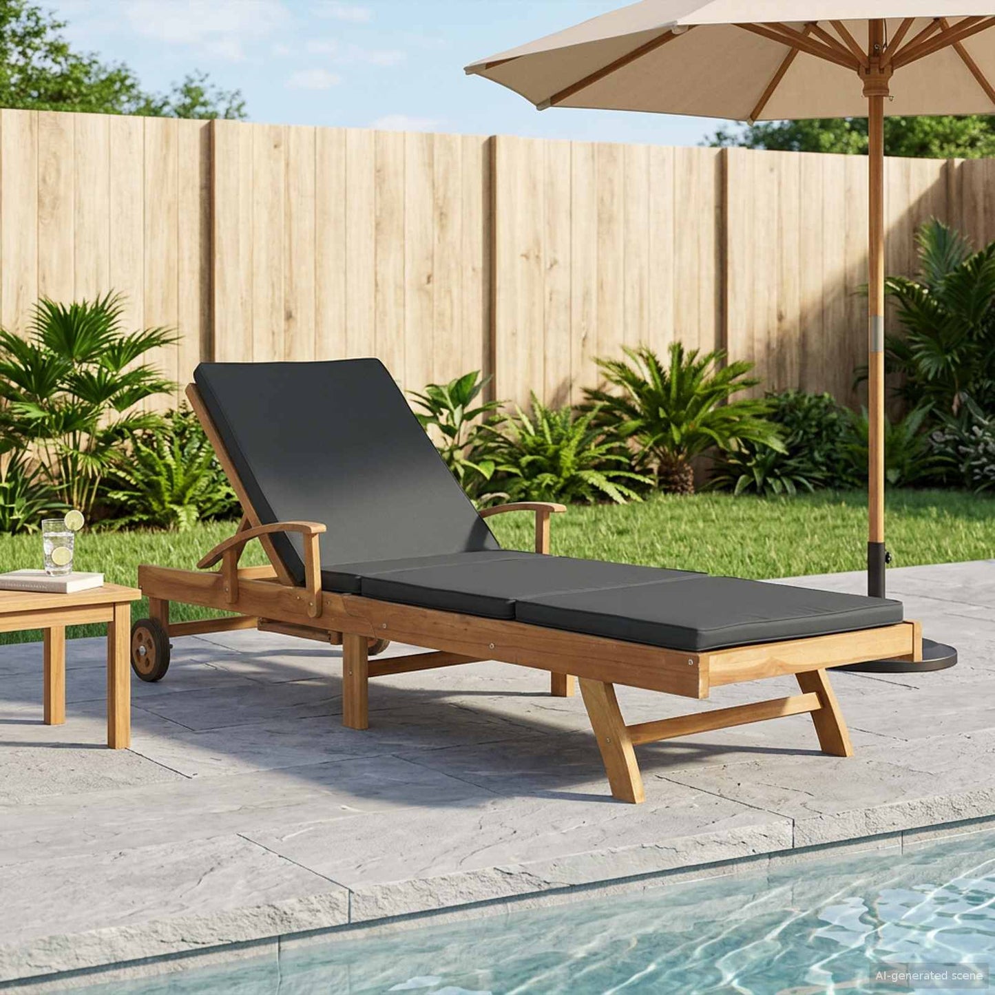 Sun Lounger with Cushion Solid Teak Wood Brown and Dark Grey