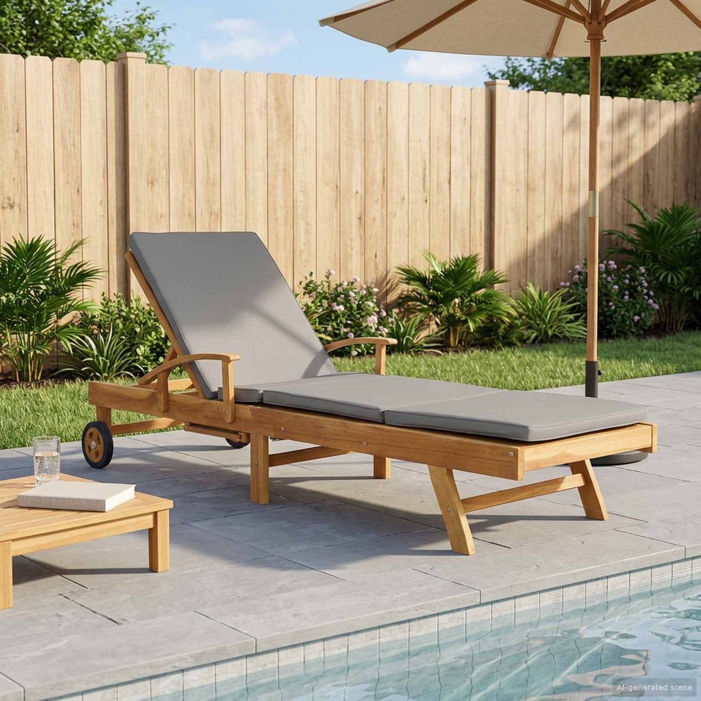 Sun Lounger with Cushion 100% Polyester Solid-Teak