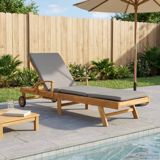 Sun Lounger with Cushion 100% Polyester Solid-Teak