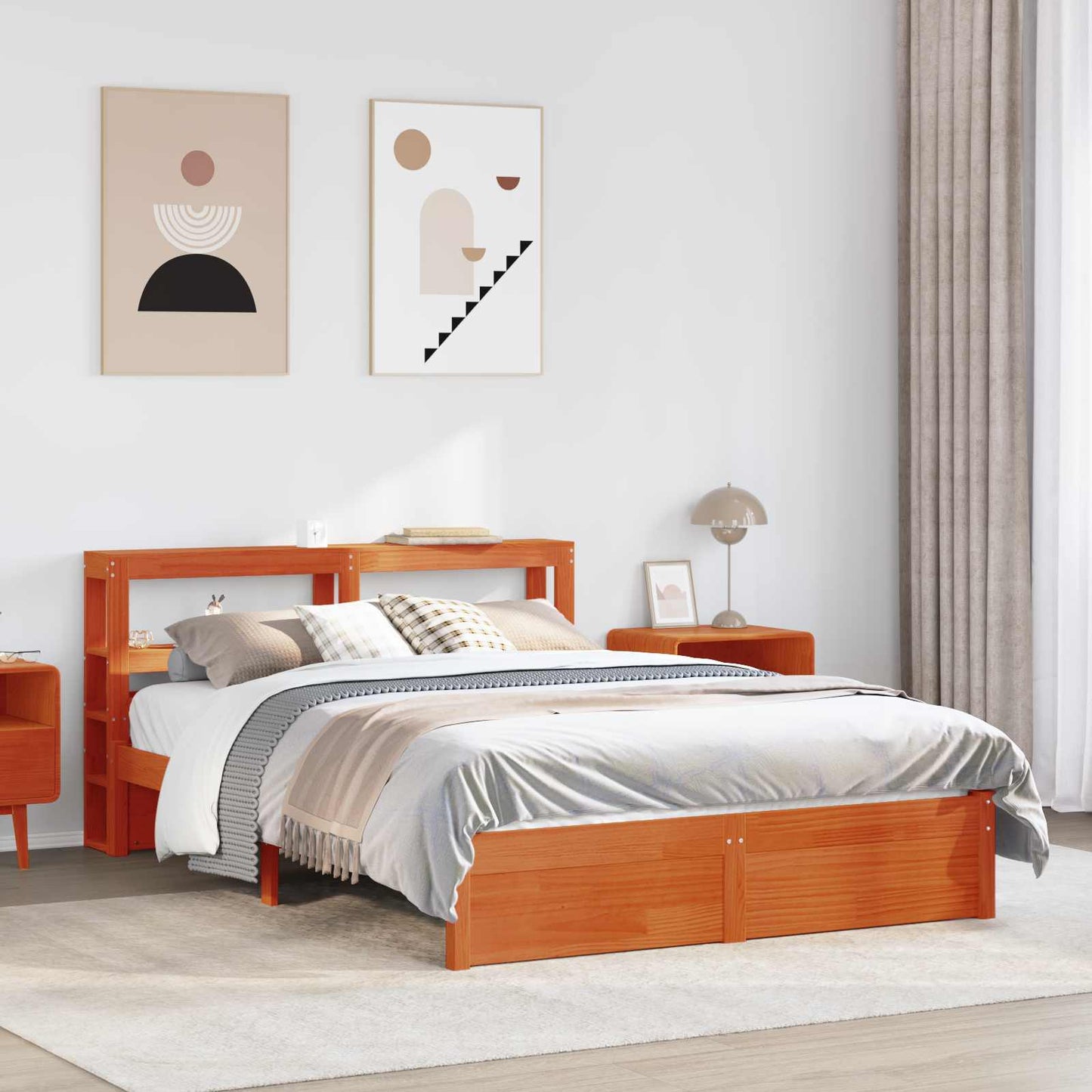 Bed Frame with Headboard with Storage Wax Brown Solid Pine Wood