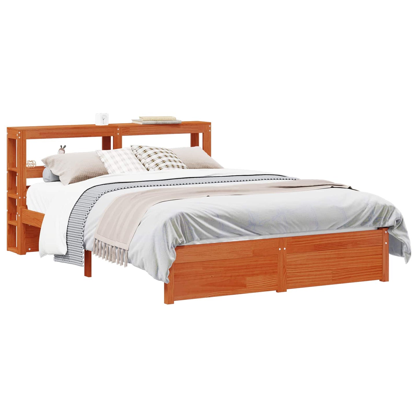 Bed Frame with Headboard with Storage Wax Brown Solid Pine Wood