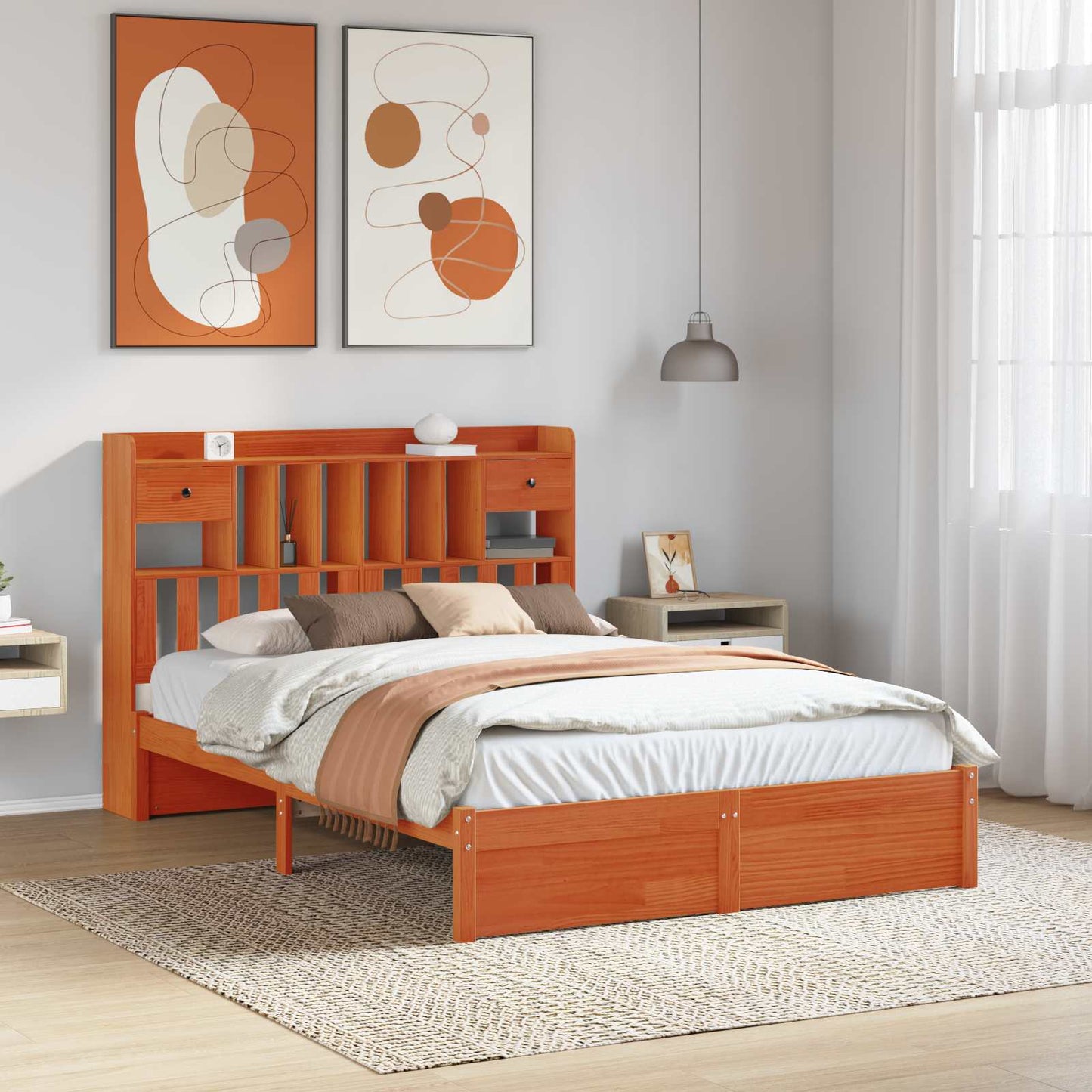 Bookcase Bed Frame with Headboard with Drawer Solid Pine Wood
