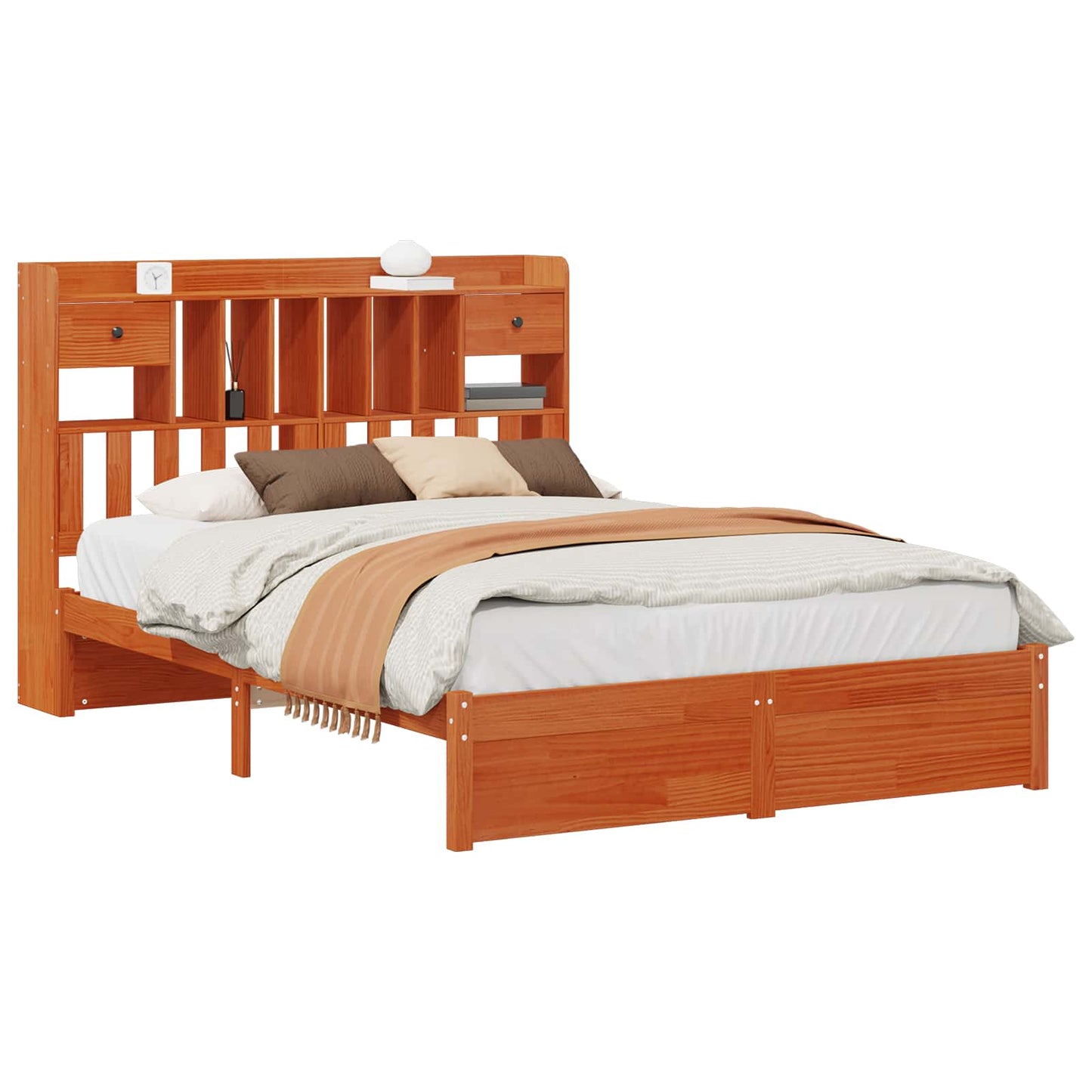 Bookcase Bed Frame with Headboard with Drawer Solid Pine Wood
