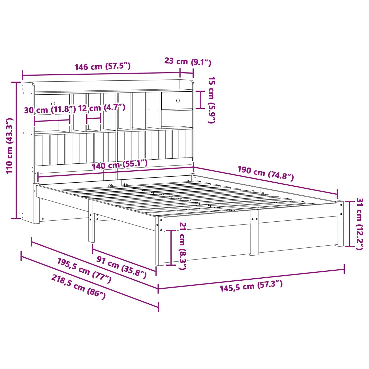 Bookcase Bed Frame with Headboard with Drawer Solid Pine Wood