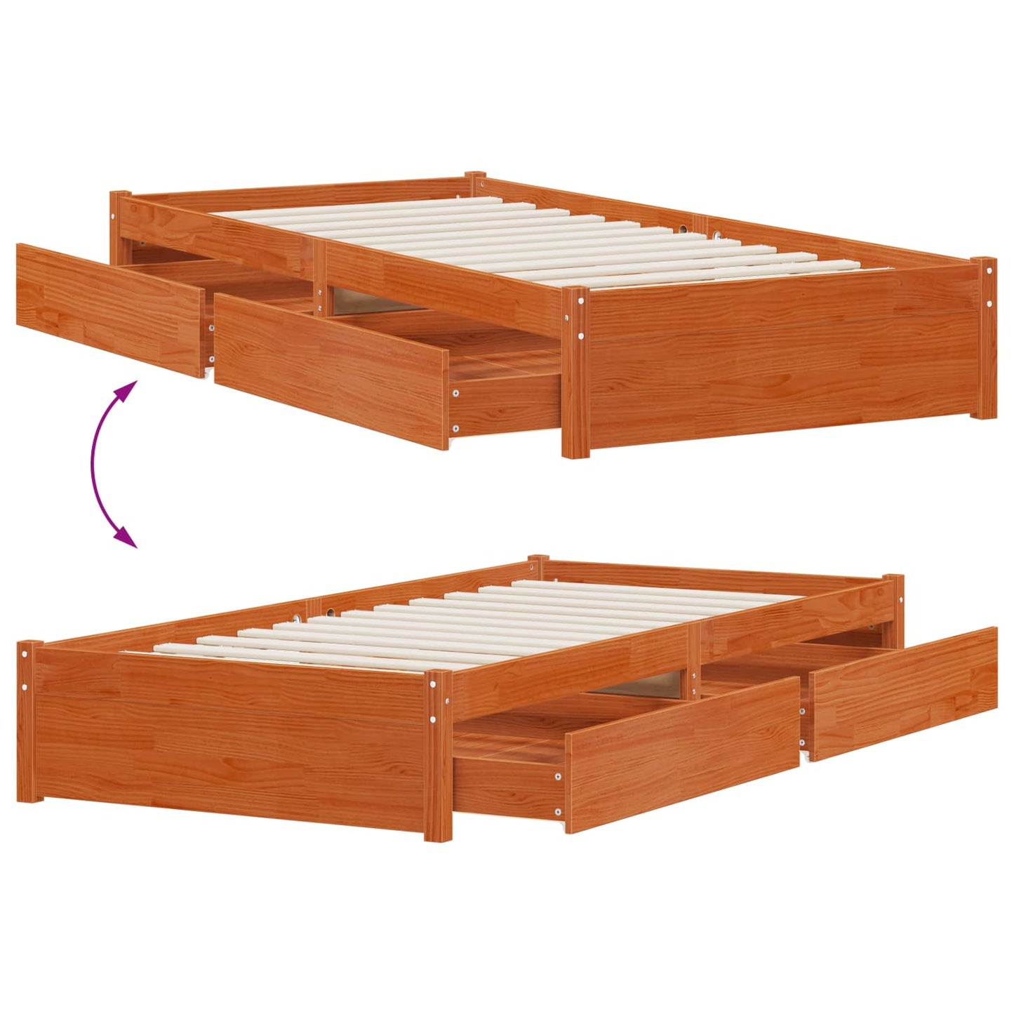 Bed Frame with Drawer with Storage 3 pcs Wax Brown Pine Wood