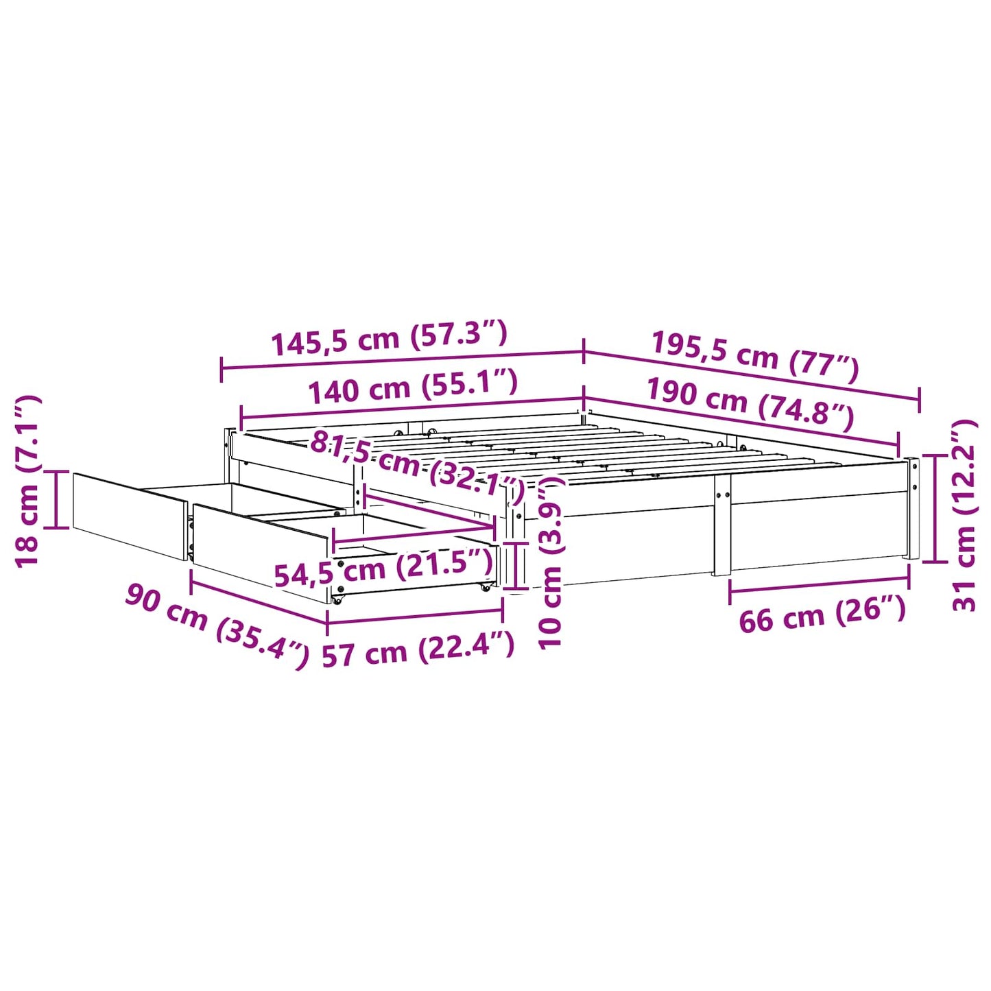 Bed Frame with Drawer with Storage Solid Pine Wood