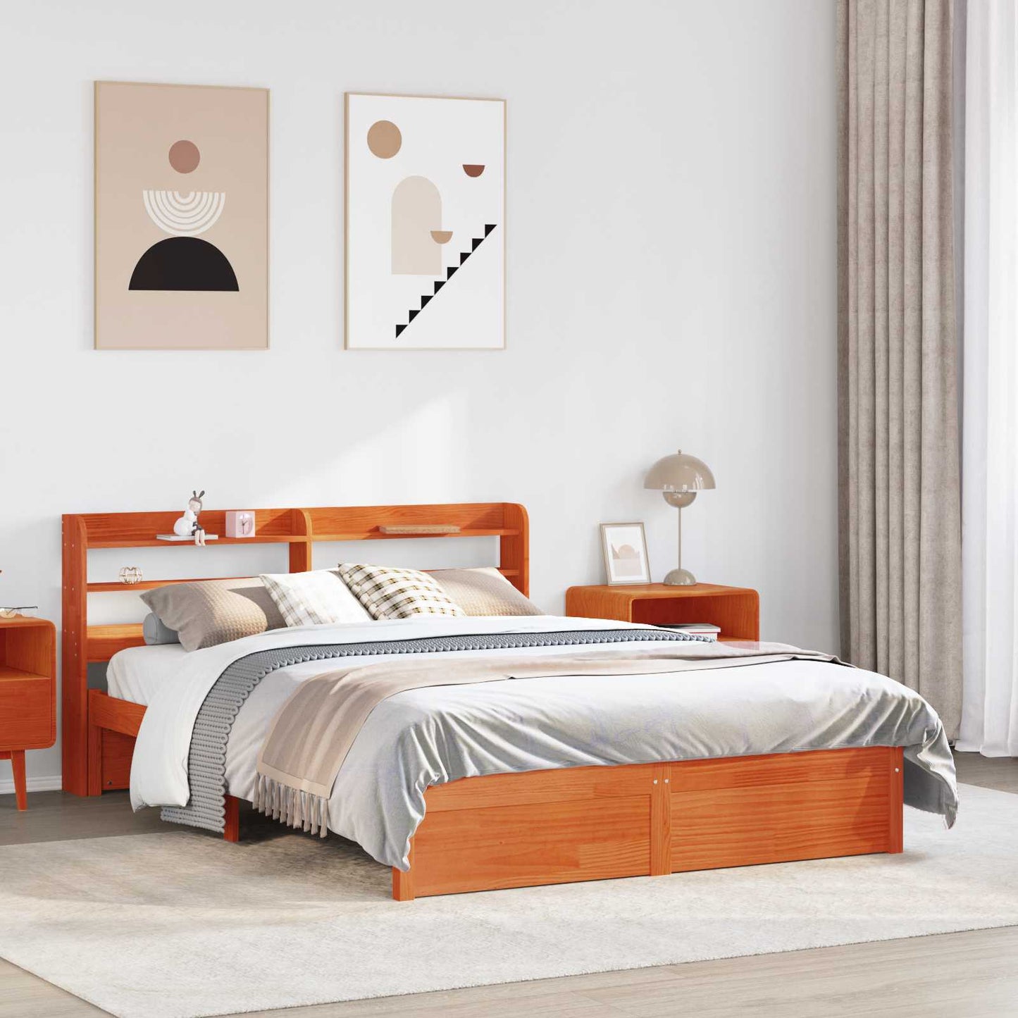 Bed Frame with Headboard with Storage Wax Brown Solid Pine Wood