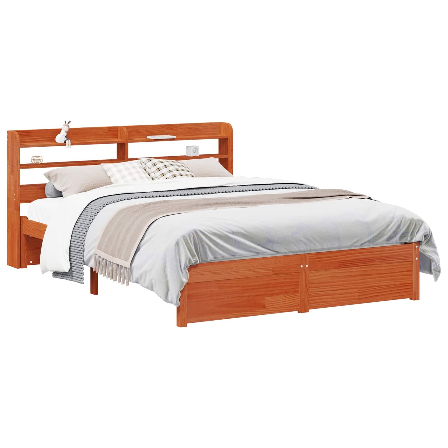 Bed Frame with Headboard with Storage Wax Brown Solid Pine Wood