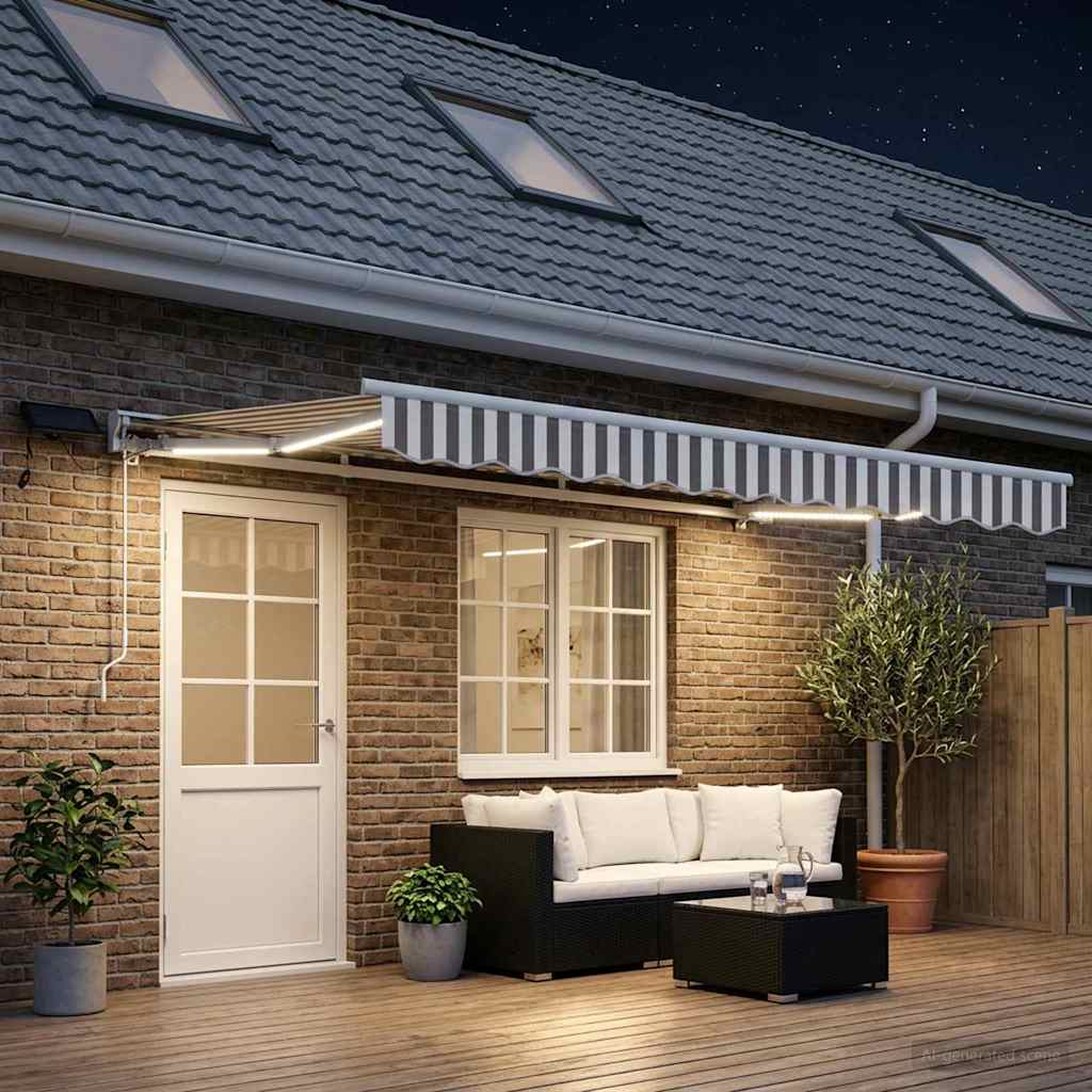Manual Awning Frame with LEDs Light Grey and White 4.5 x 3 m