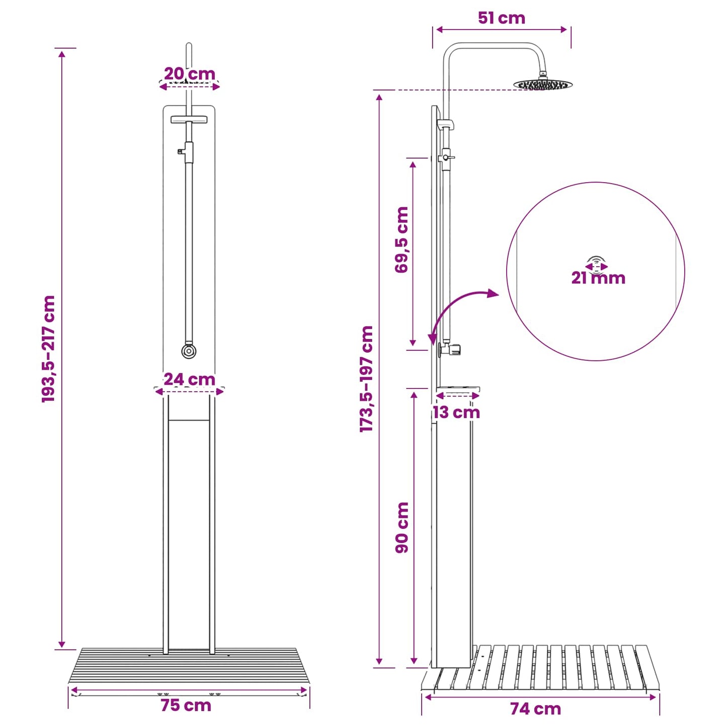 Outdoor Shower 217 cm Solid Acacia Wood and Stainless Steel