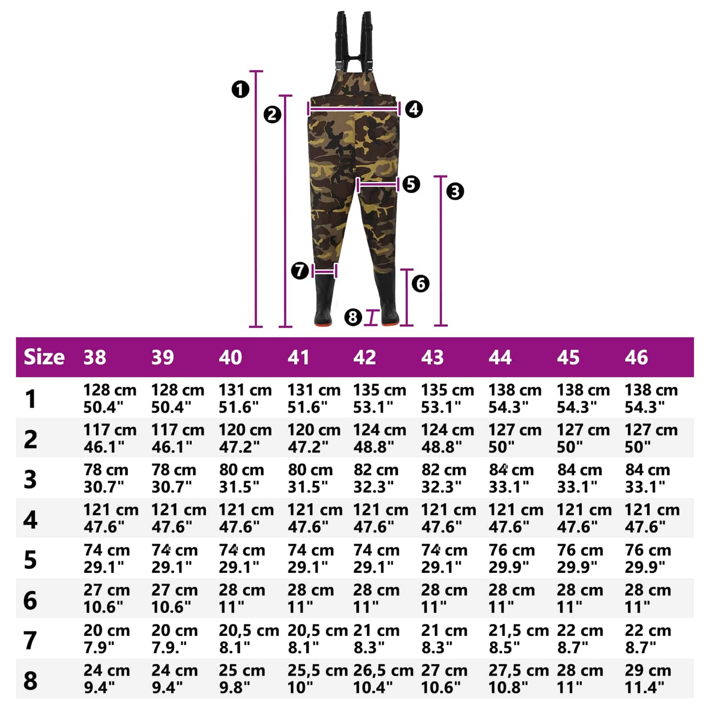 Chest Waders with Boots PVC Coated Polyester Size 44 Camouflage