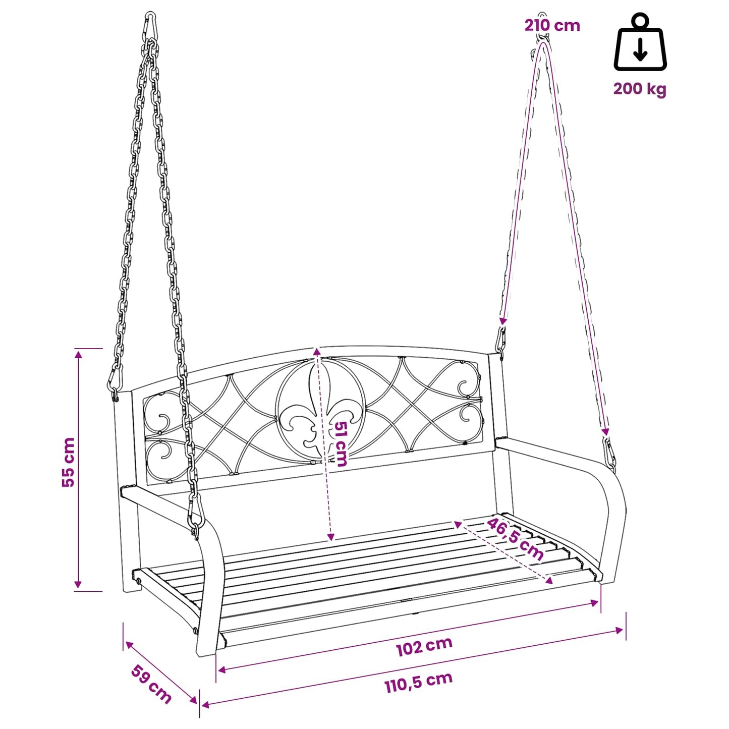 Swing Bench Steel 110.5 x 59 x 55 cm Antique White