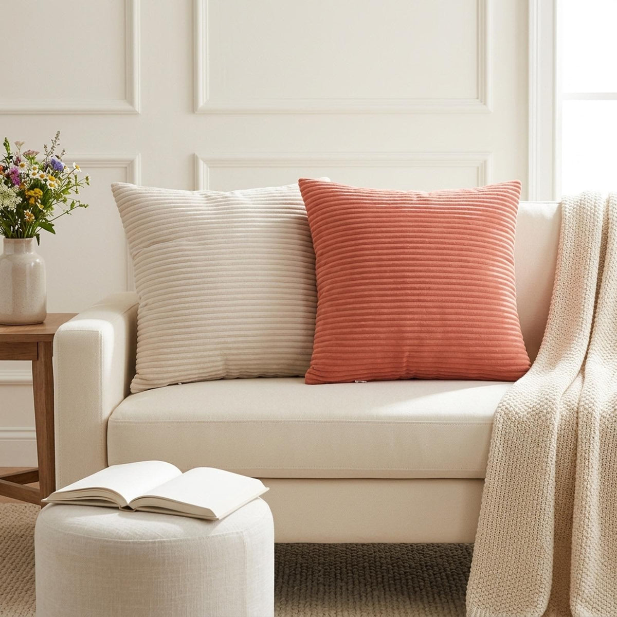 Cushion Cover 12 pcs HEERLEN Cream 50 x 50 cm Corduroy