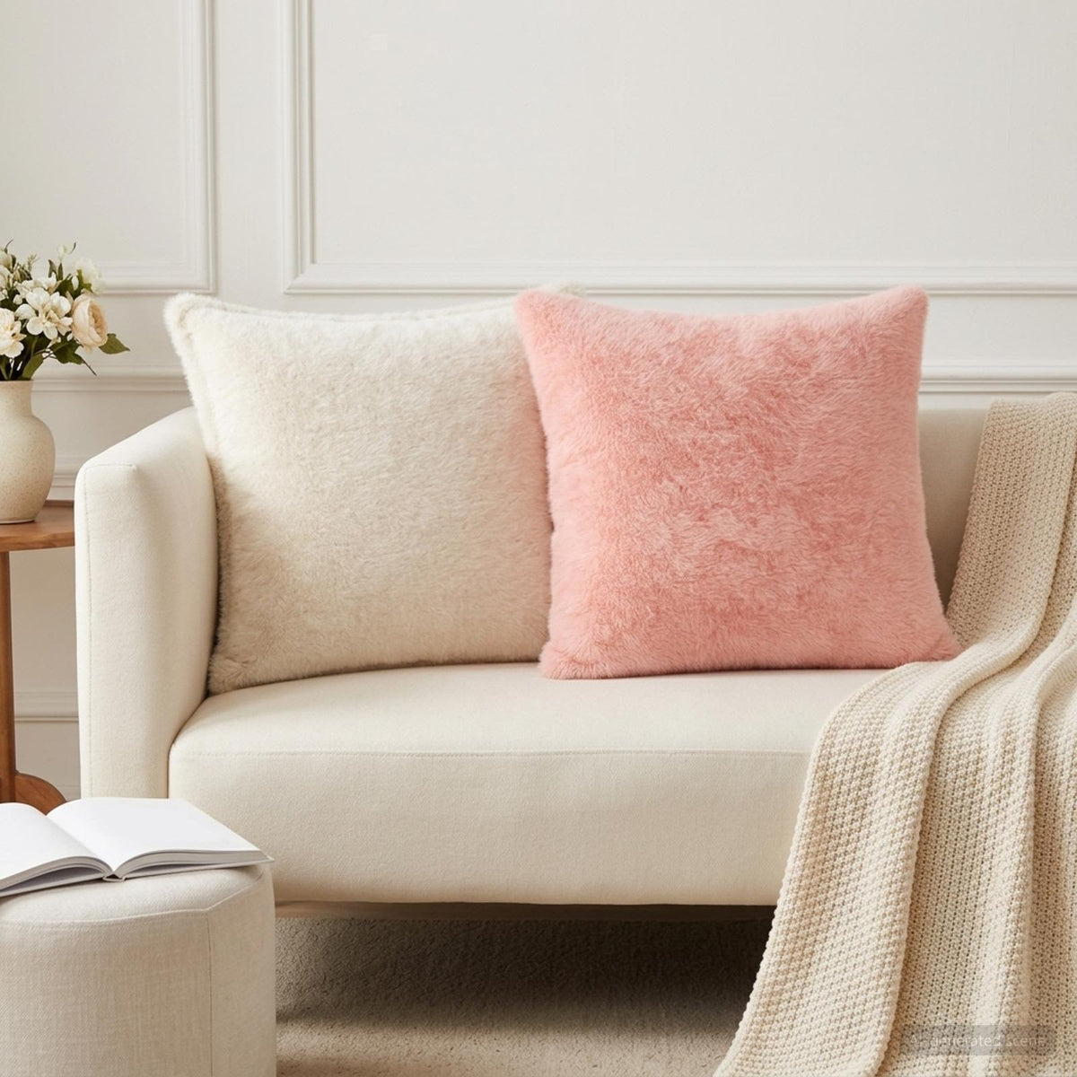 Cushion Cover 2 pcs HOUTEN White 50 x 50 cm Faux Rabbit Fur