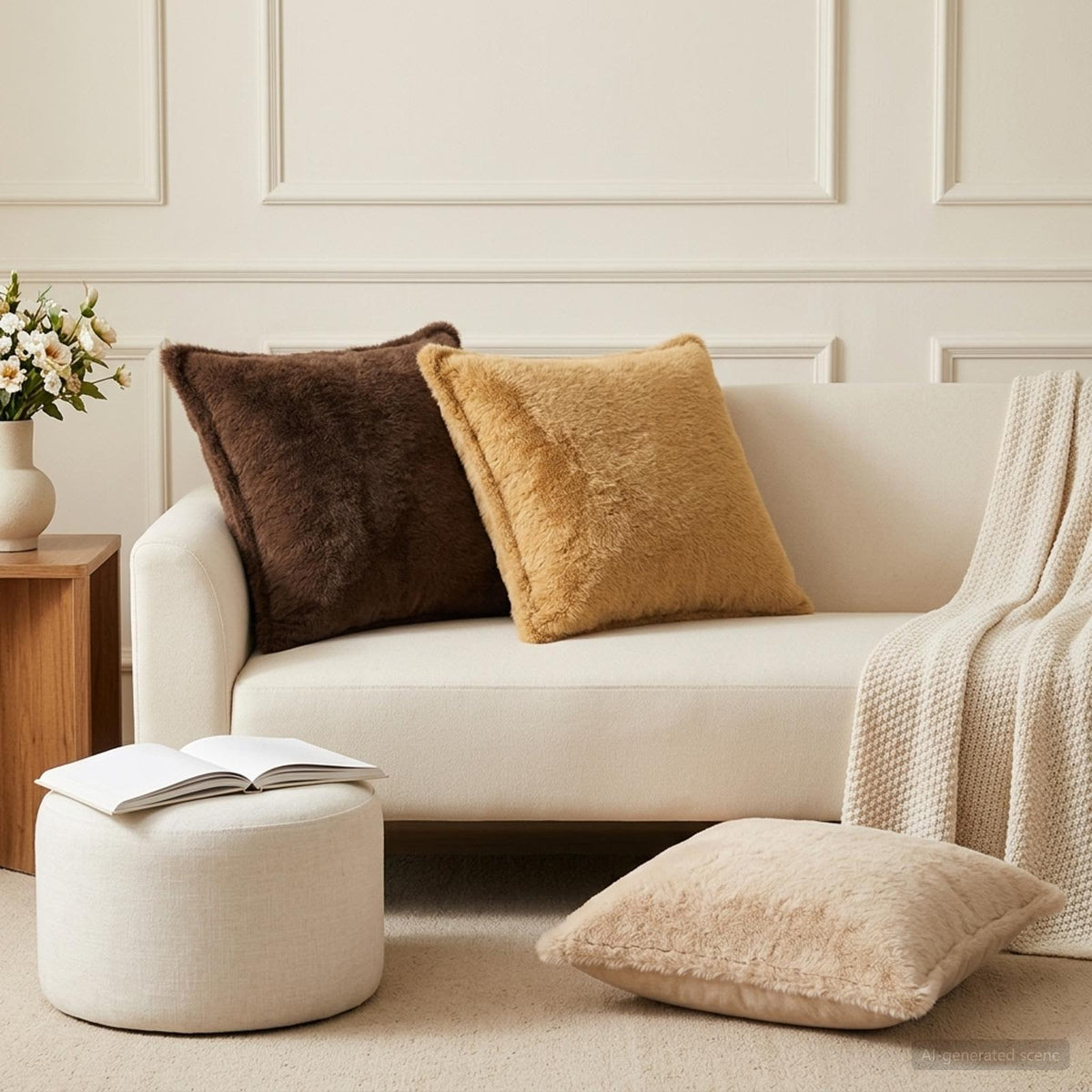 Cushion Cover 12 pcs HOUTEN Taupe 45 x 45 cm Faux Rabbit Fur