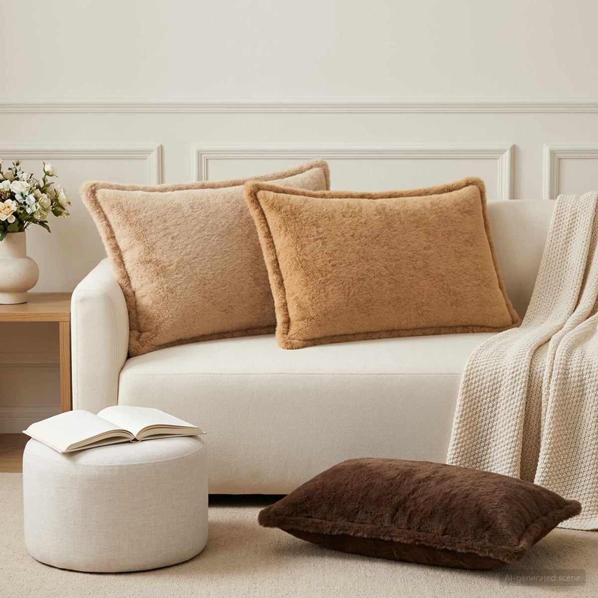 Cushion Cover 6 pcs HOUTEN Cream 50 x 80 cm Faux Rabbit Fur