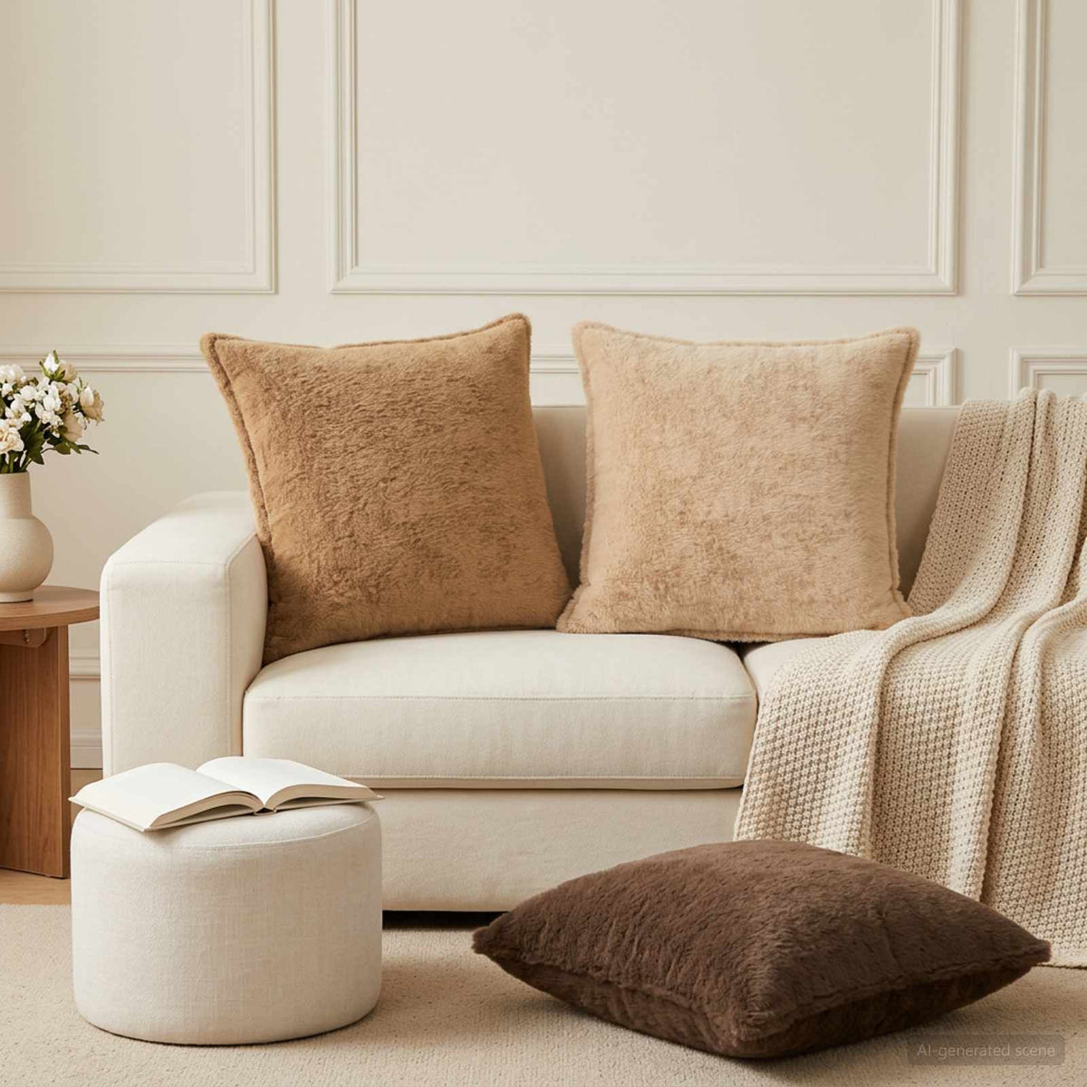 Cushion Cover 6 pcs HOUTEN Taupe 55 x 55 cm Faux Rabbit Fur
