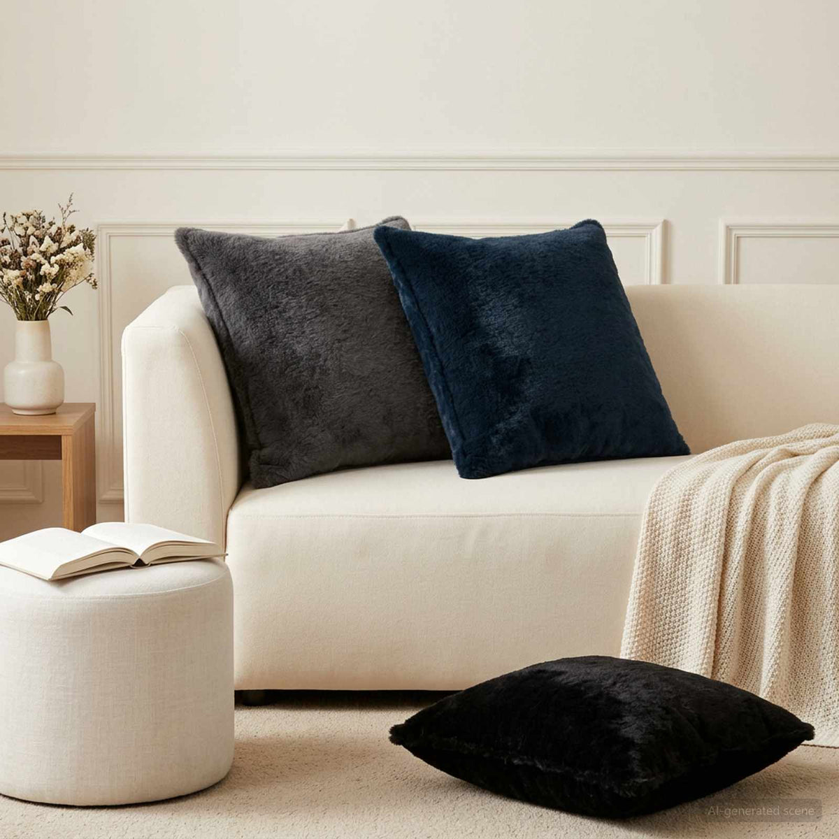 Cushion Cover 6 pcs HOUTEN Navy Blue 55 x 55 cm Faux Rabbit Fur