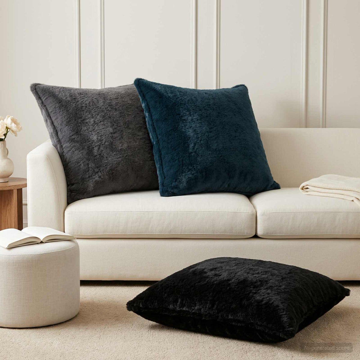Cushion Cover 2 pcs HOUTEN Navy Blue 70 x 70 cm Faux Rabbit Fur