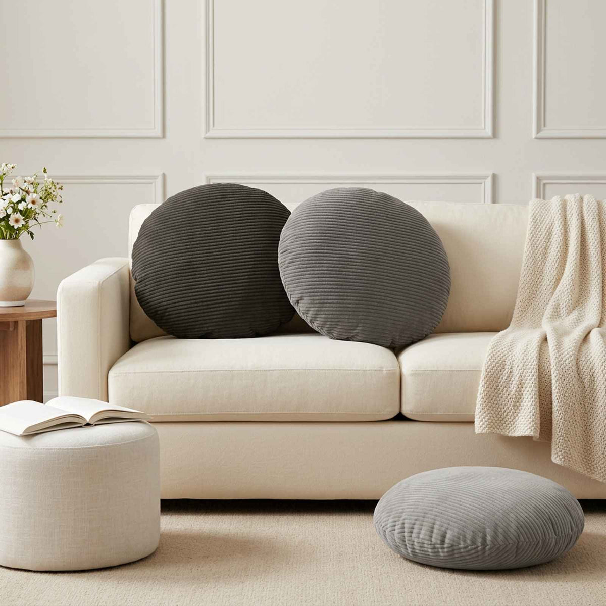 Cushion Cover 6 pcs HEERLEN Light Grey Dia. 60 cm Corduroy