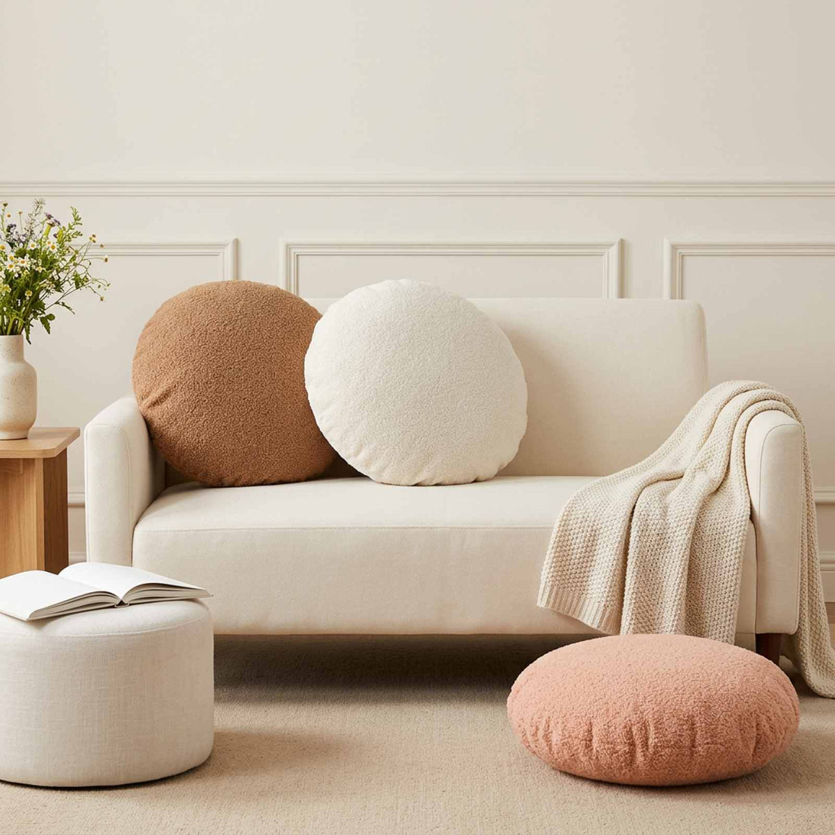 Cushion Cover 2 pcs HEERLEN Beige Dia. 60 cm Bouclé