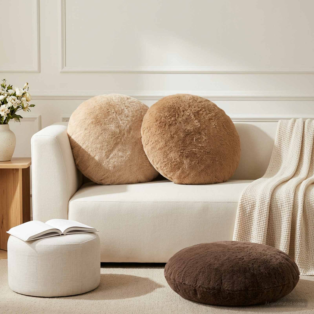 Cushion Cover 2 pcs HEERLEN Light Brown Ø 60 cm Faux Rabbit Fur