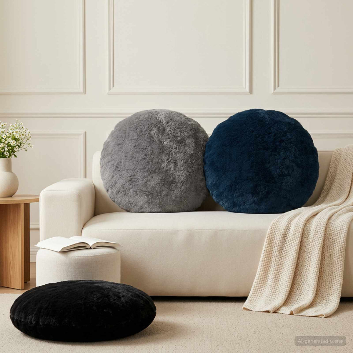 Cushion Cover 6 pcs HEERLEN Navy Blue Ø 60 cm Faux Rabbit Fur