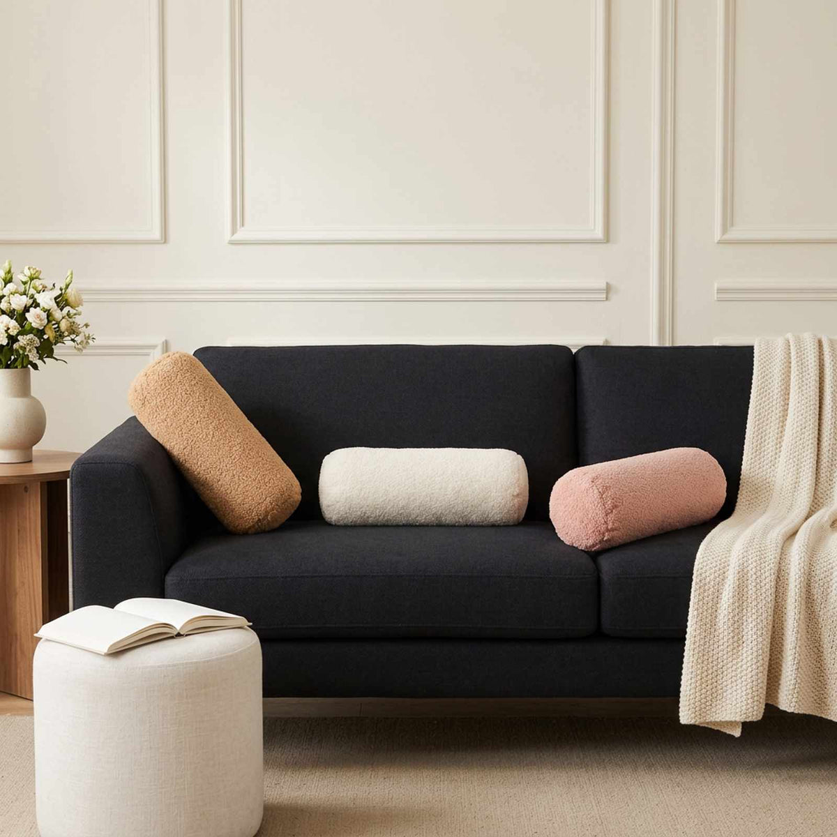 Cushion Cover 6 pcs HEERLEN Cream Dia. 15 x 40 cm Bouclé