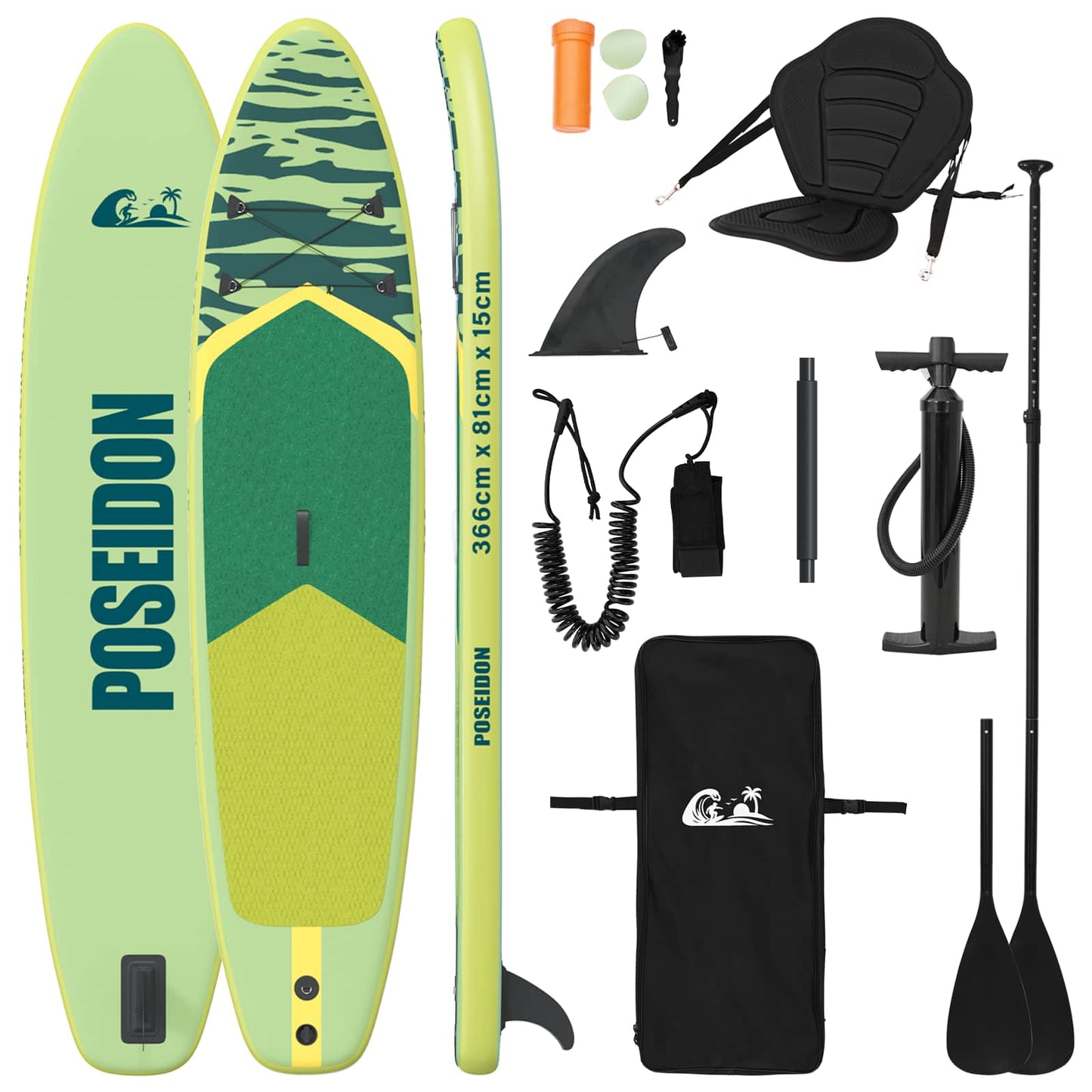 SUP Board with Seat 2-in-1 POSEIDON 366 x 81 x 15 cm Green for