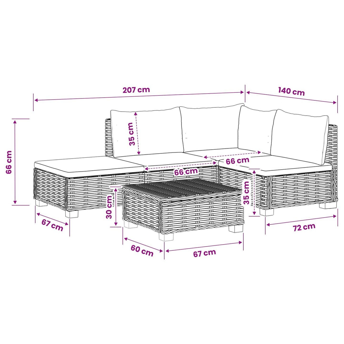 4 pcs Rattan Lounge Set with Cushions GENDT Natural Rattan