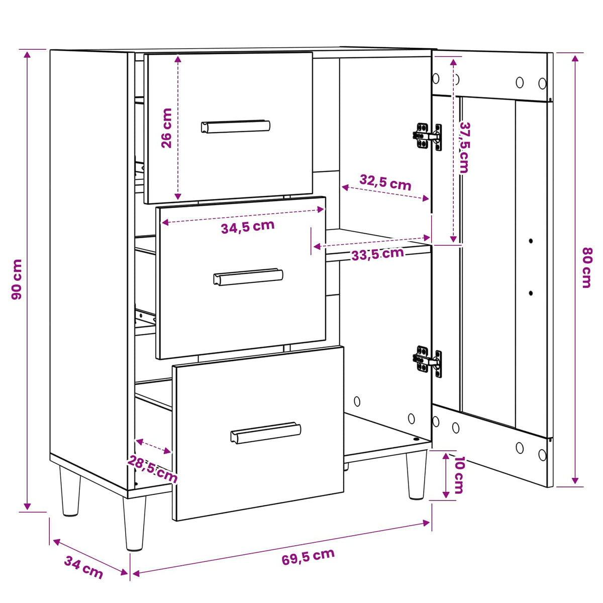 Sideboard Black Oak 69.5 x 34 x 90 cm Engineered Wood