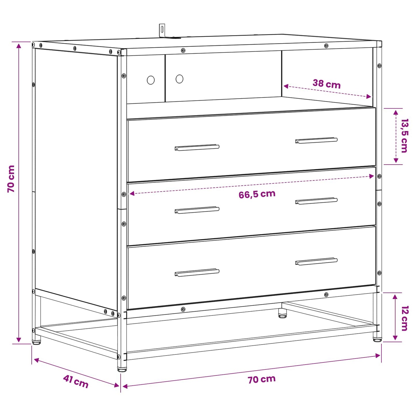 Drawer Cabinet 3-Drawer Artisan oak 70 x 41 x 70 cm