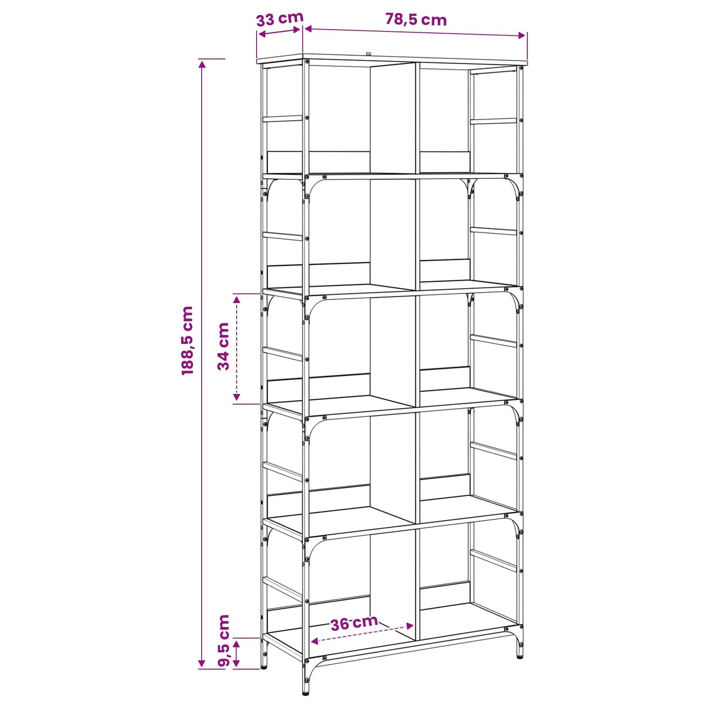 Bookshelf 4-Tier 78.5 x 33 x 188.5 cm metal PB Artisan oak