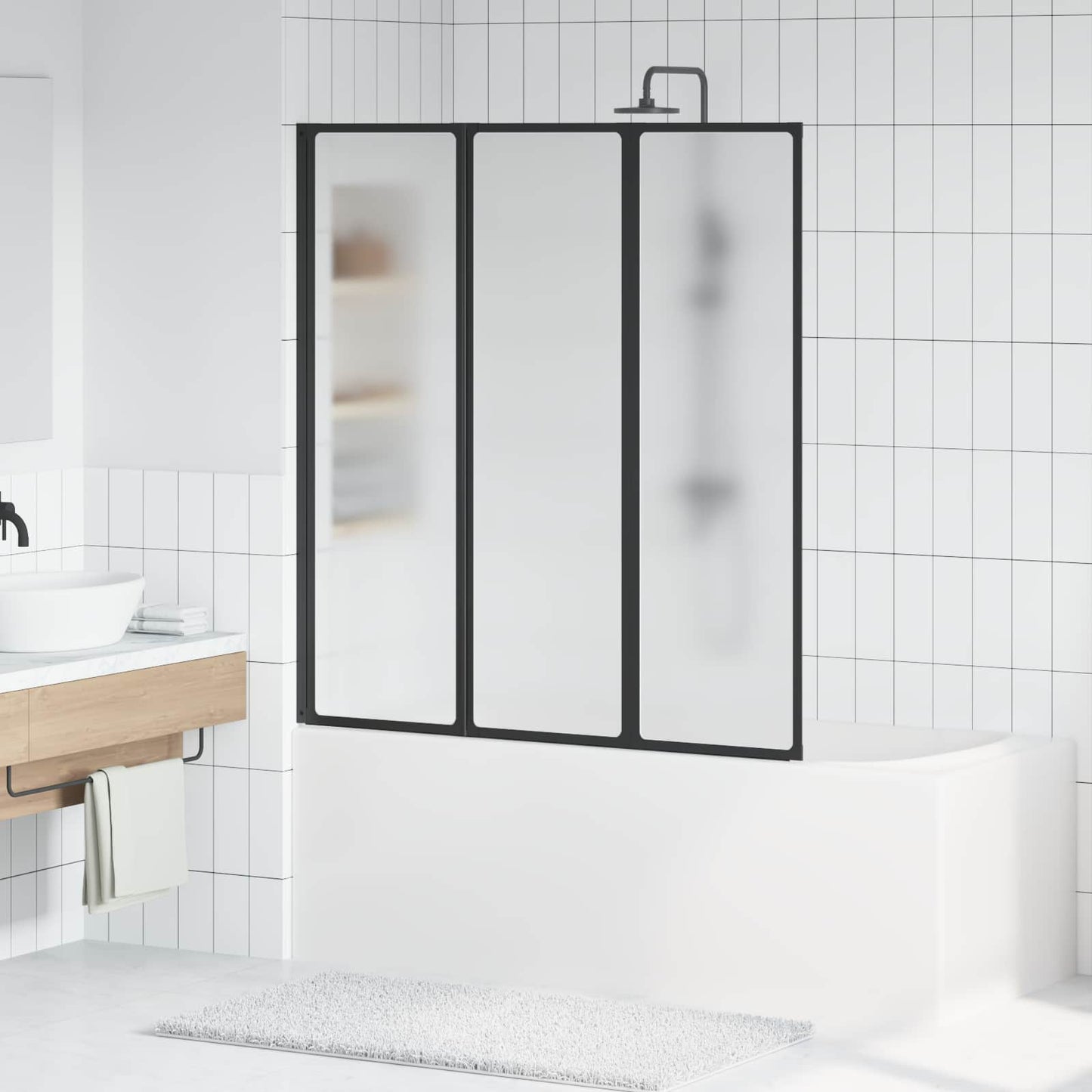 Foldable Shower Screen Black and Full Frost 132 x 2 x 140 cm