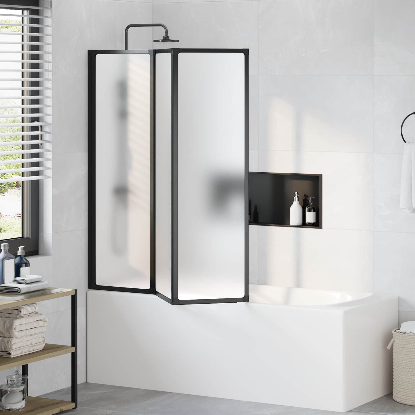 Foldable Shower Screen Black and Full Frost 132 x 2 x 140 cm