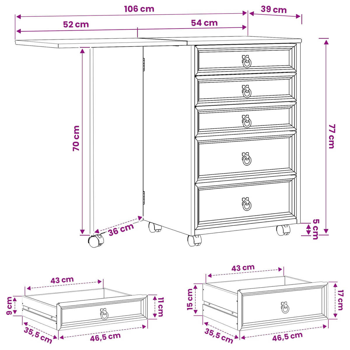Rolling Cabinet with Drawers & Folding Top CORONA Honey Brown