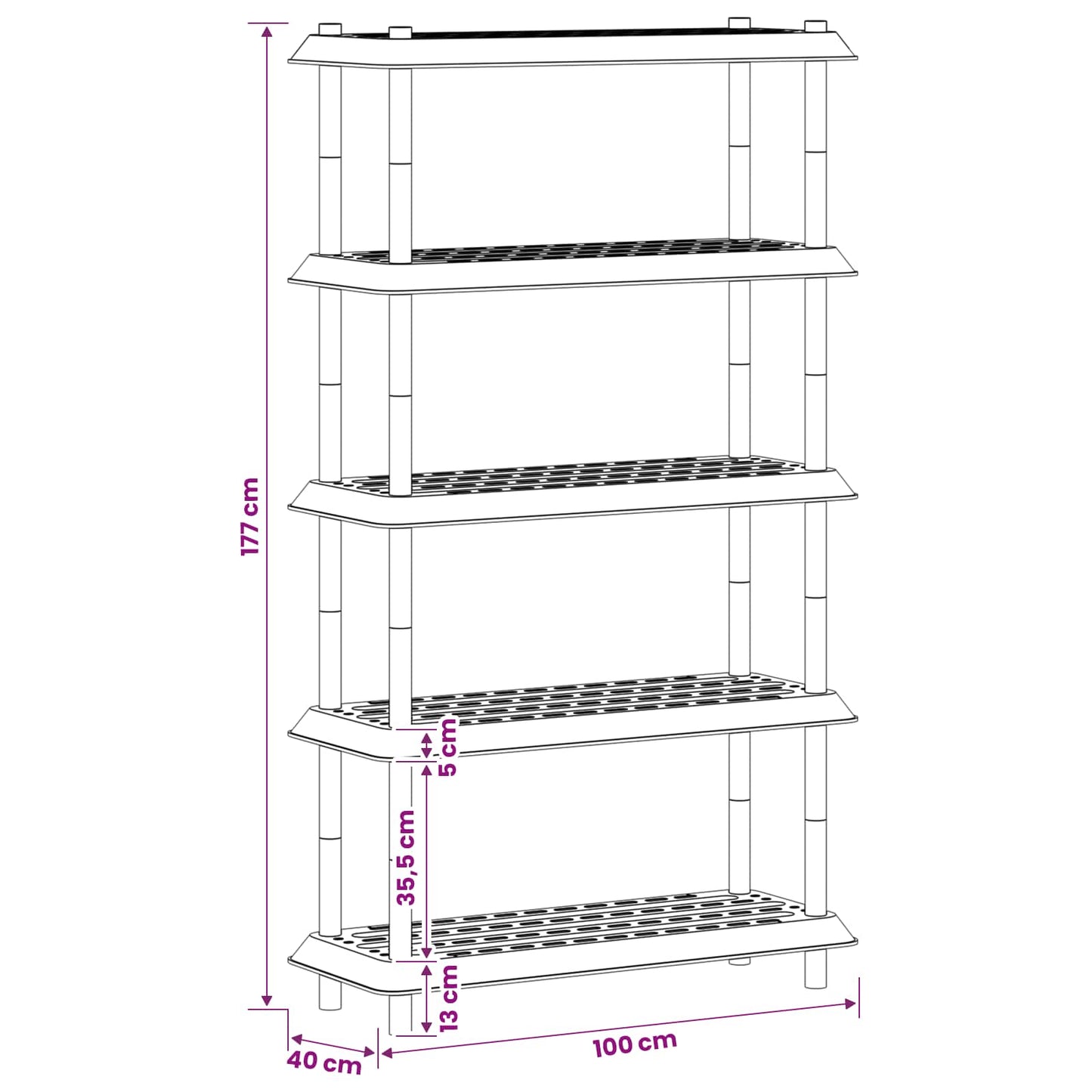 Shelving Unit 5-Tier 100 x 40 x 177 cm PP White