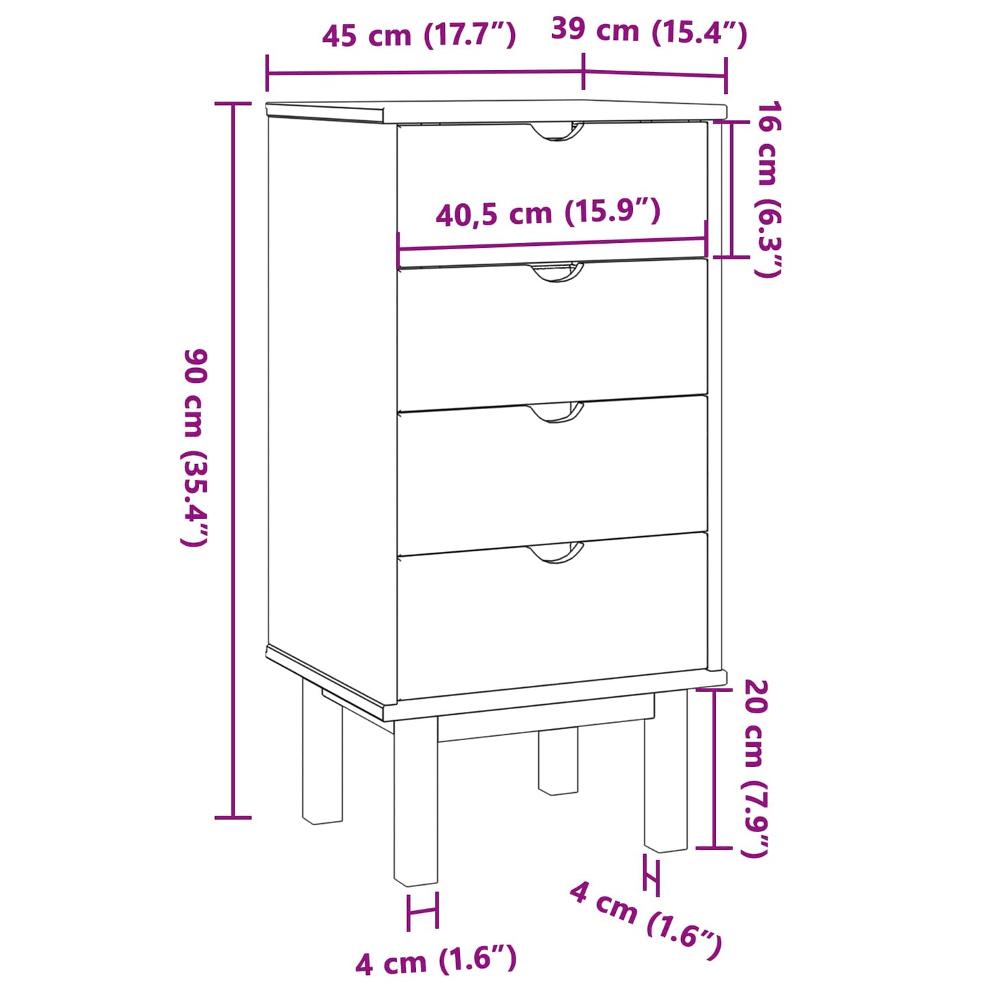 Chest of Drawers OTTA Black 45 x 39 x 90 cm Solid Pine Wood
